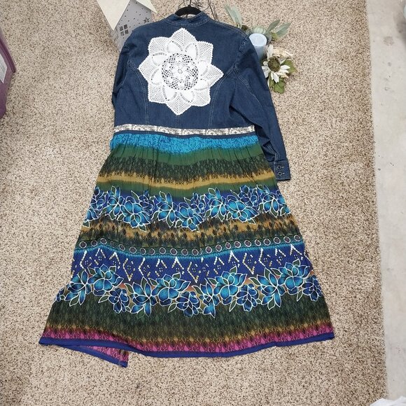 Handmade Jackets & Blazers - 3548 Size XL Upcycled Lands End Jean Jacket Tunic with Crochet Embellishments.
